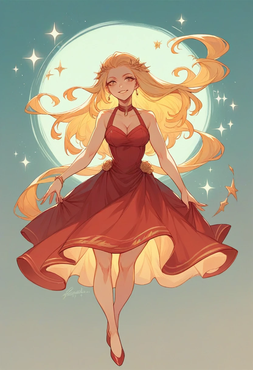 A stunning hyperrealistic painting of a woman by Lena Krashevka, featuring a femme fatale with long, golden blonde hair. The woman is wearing a vibrant red dress by Studiomente, which accentuates her curves and adds an air of sophistication. Her pose is confident and alluring, with her hand gently touching her knee. The background showcases a blend of abstract and realist elements, creating a captivating and visually appealing atmosphere.