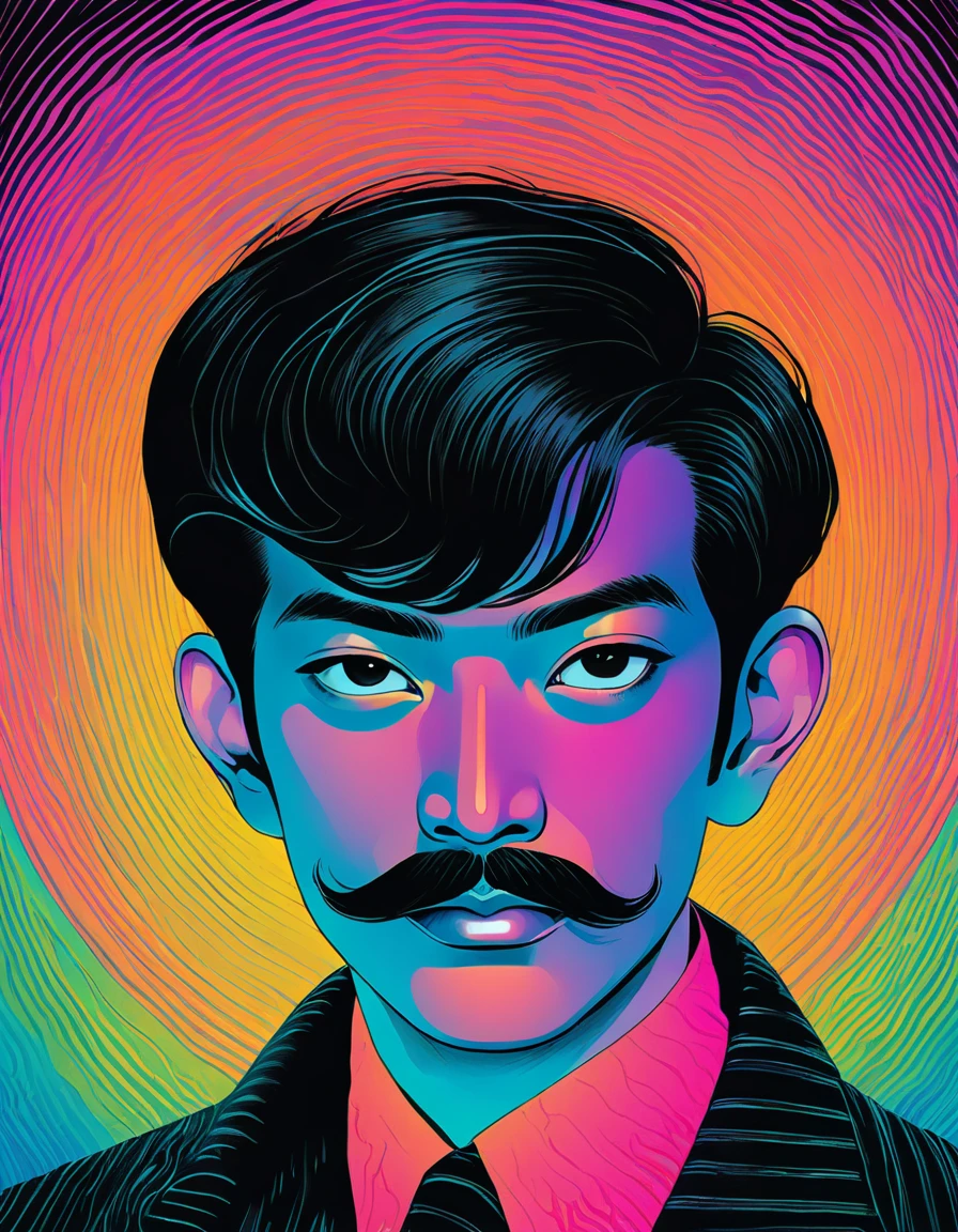 An illustration、art、thin moustache man, 60s Thai horror movie poster, Supervised by Junji Ito、High detail, Realistic shadows、Analog Style, chromatic aberration, Surrealism、Complementary Gradient