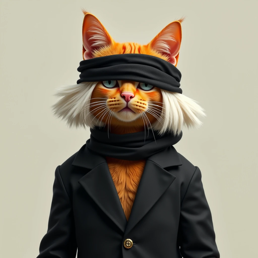 orange male cat, wearing a white wig, wearing a black cloth headband that covers the eyes, wearing black clothes