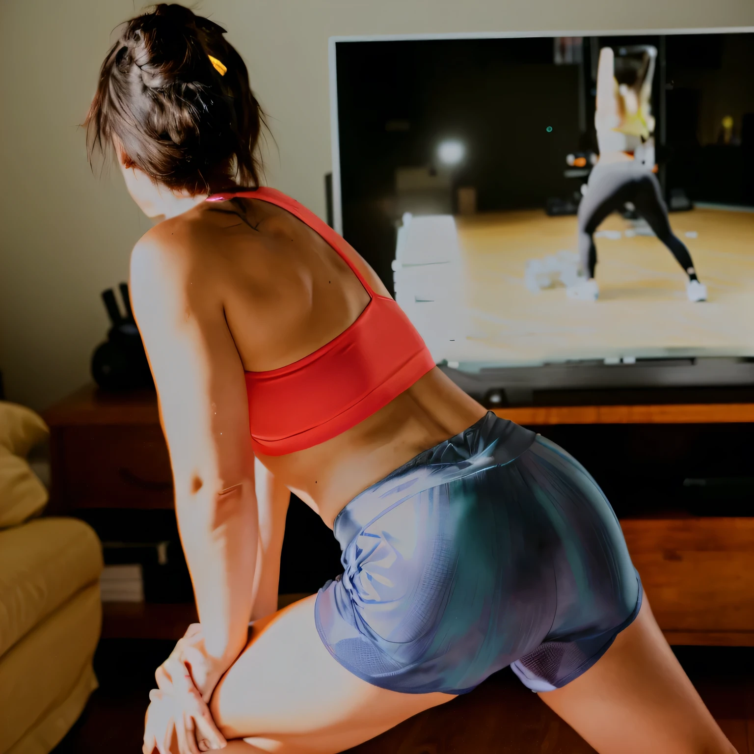 there is a woman in a short shorts and a tank top playing a video game, toned derriere, back - shot, sweaty 4 k, back shot, squatting pose, backshot, waist - shot, rear-shot, bum, thighs focus, sport bra and shorts, side shot, in shape, working out, in shorts, view from the back