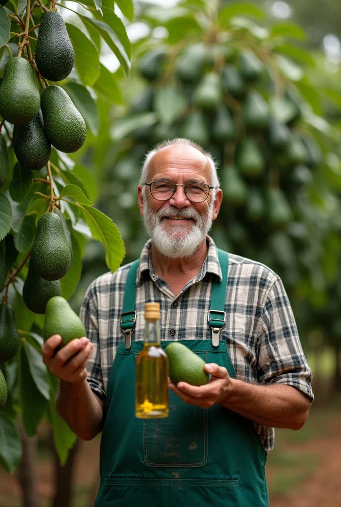 Hass avocado farmer who is in front of a bunch of avocado trees and at the same time this farmer has an avocado in one hand and a bottle of oil in the other hand, that this image is only in black borders
