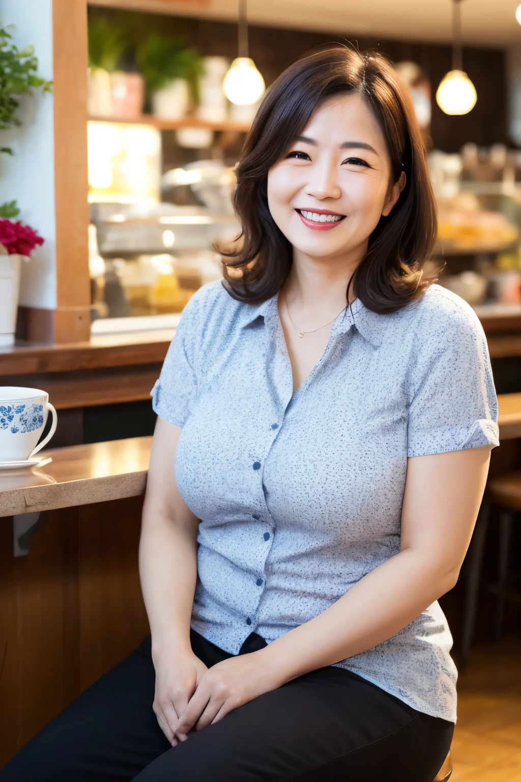 8k wallpaper, masterpiece, Highest quality, Very detailed, One Mature Woman, 50 years old, Become very clear, Wearing a spring-like shirt, Skin dents, Captivating smile, Looking at the audience, , Plump, Curvaceous, Attractive face, Smiling with teeth showing, I was happy, sitting in a cafe, Background Blur