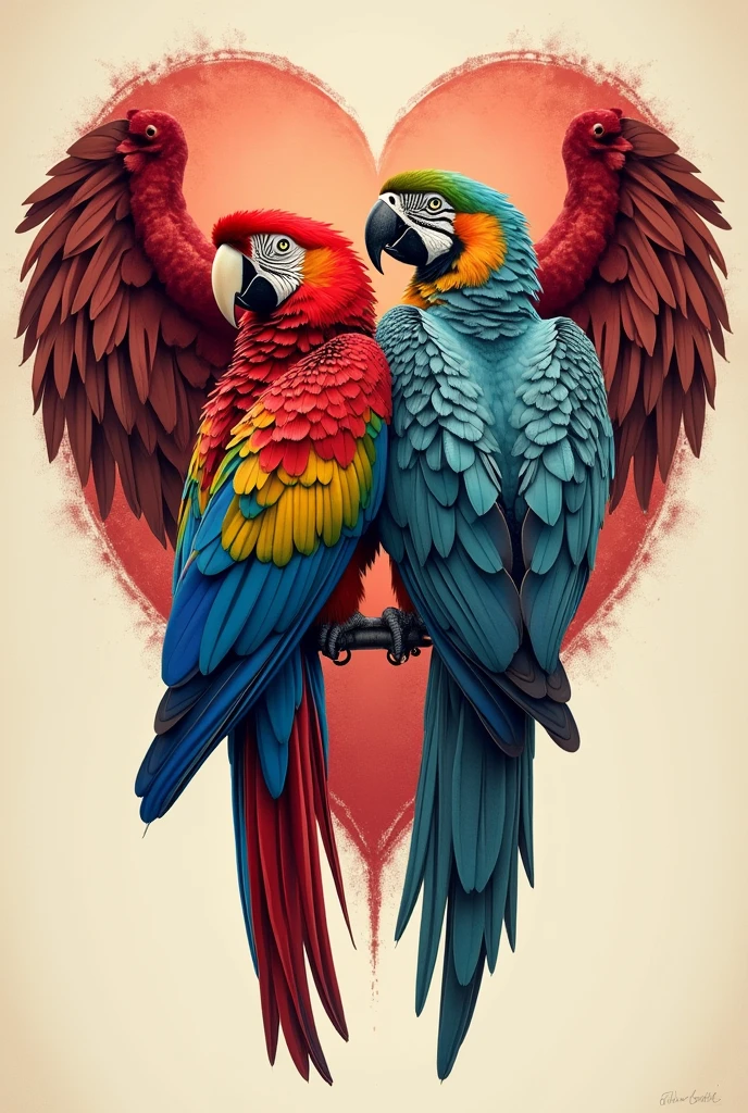 Parrot and condor back to back forming a heart with wings in tattoo style