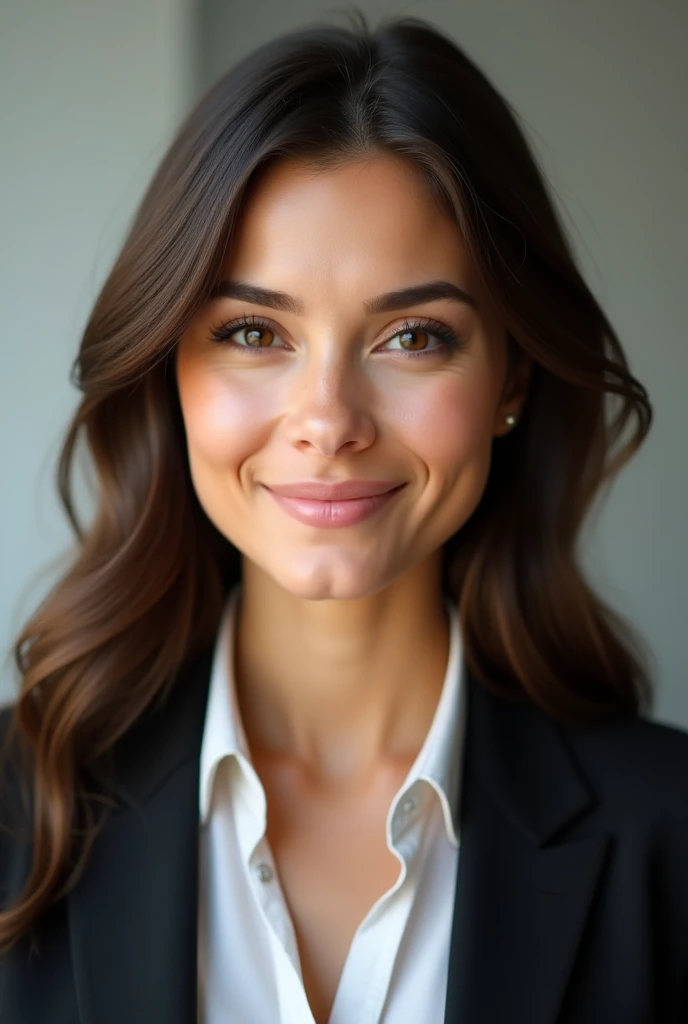 Create an avatar of a white female lawyer with brown hair and brown eyes smiling with little makeup, slightly wavy hair and slightly closer eyebrows