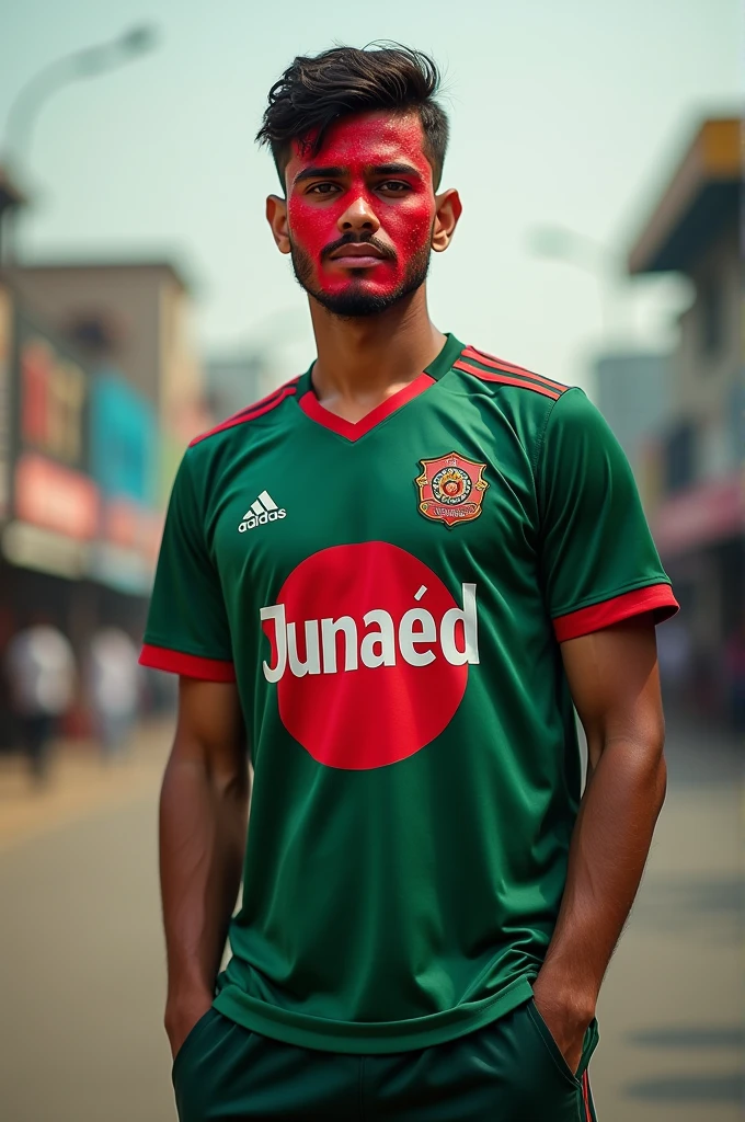 : A 23 Year old boy in front of the Bangladeshi road on the back wearing the Jersey of Bangladesh. The Jersey has Name junaed written in English and the Face are covered in red color flag