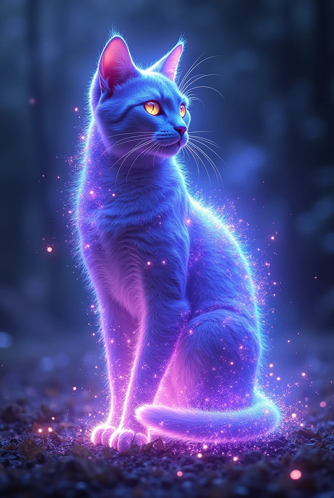 Cat made out of pure energy, bright purple and blue rays instead of fur