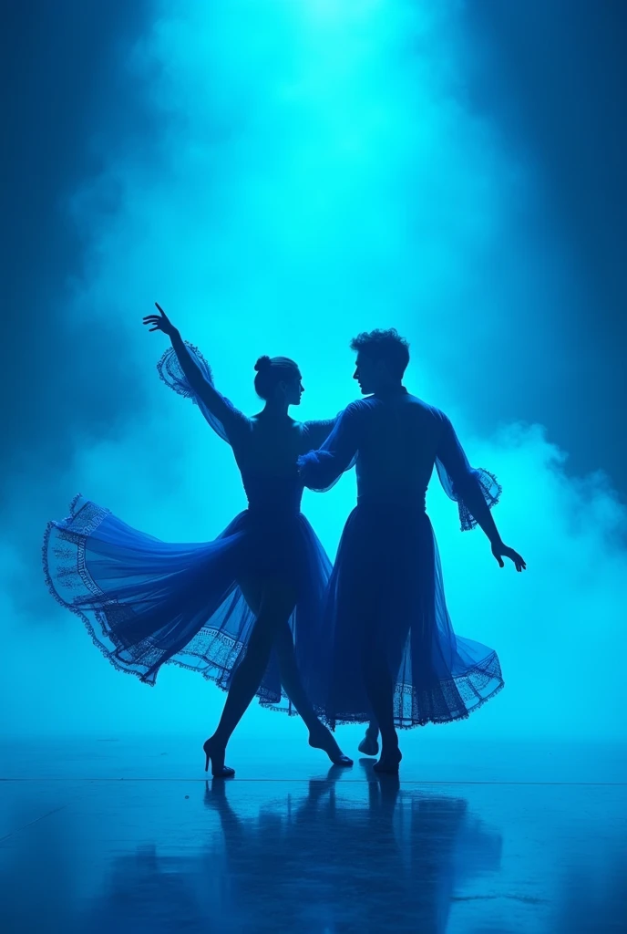 (High contrast blue costume classical dancer duo wall, Cinematic lighting and atmosphere smoke reflection, blue backlight contrasts with the bright background)