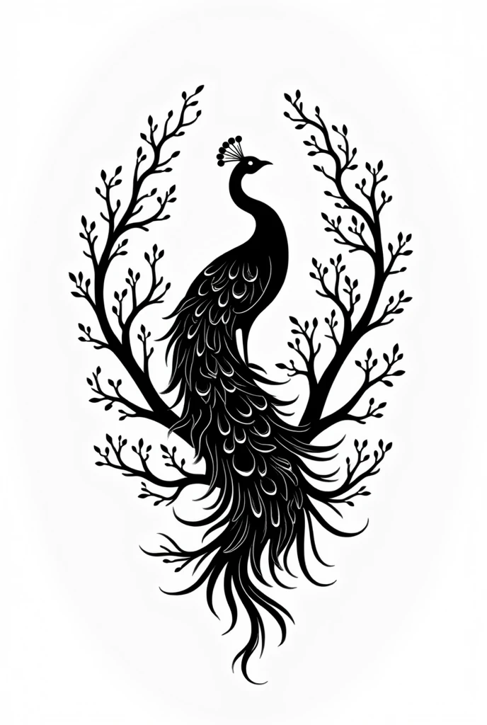 Create fine thick outline of bird peacock inside of bird is white white background around outline tree around give three images black and white not colours