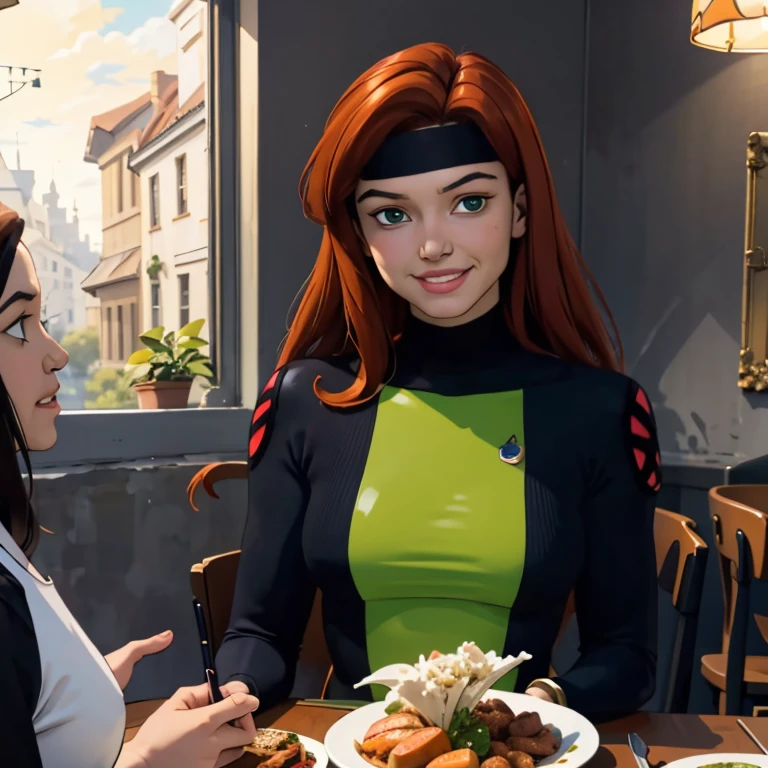 jean grey, big fat body, long red hair,makeup, green eyes,jewelry,bracelet,black headband, green fat bodysuit,multi colored bodysuit, turtleneck,fingerless gloves,long sleeves, looking at viewer, smiling, happy, teeth,
sitting, inside a cozy restaurant, table, table full of food, salad, romantic ambiance, extreme detail,masterpiece, beautiful quality, 