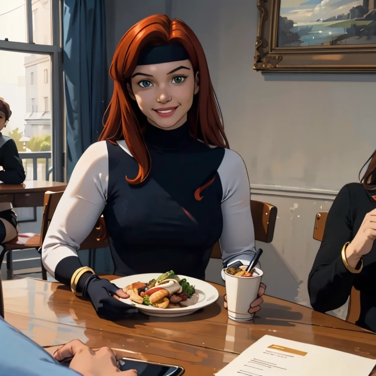 jean grey, big fat body, long red hair,makeup, green eyes,jewelry,bracelet,black headband, green fat bodysuit,multi colored bodysuit, turtleneck,fingerless gloves,long sleeves, looking at viewer, smiling, happy, teeth,
sitting, inside a cozy restaurant, table, table full of food, salad, romantic ambiance, extreme detail,masterpiece, beautiful quality, 