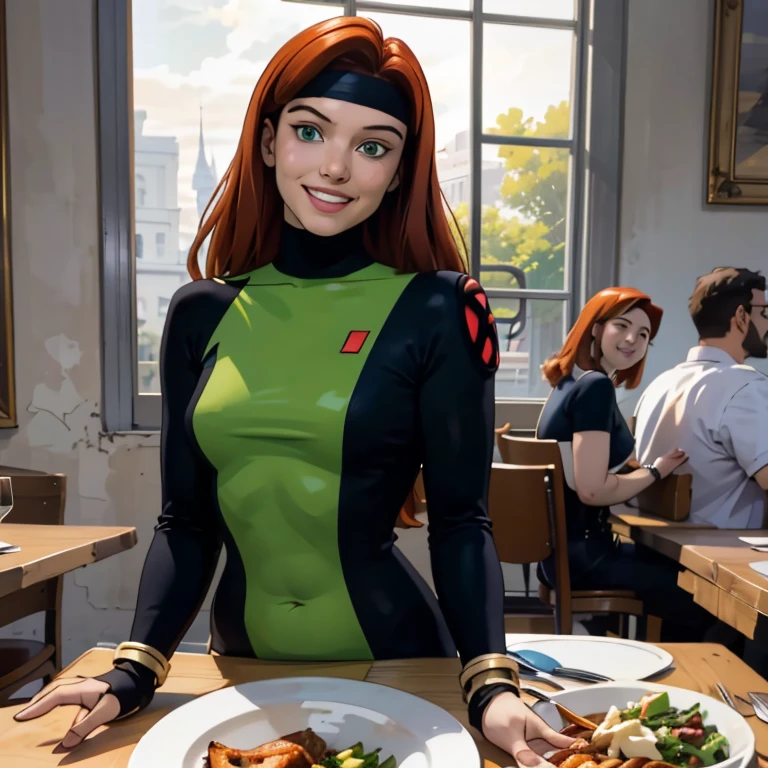 jean grey, big fat body, long red hair,makeup, green eyes,jewelry,bracelet,black headband, green fat bodysuit,multi colored bodysuit, turtleneck,fingerless gloves,long sleeves, looking at viewer, smiling, happy, teeth,
sitting, inside a cozy restaurant, table, table full of food, salad, romantic ambiance, extreme detail,masterpiece, beautiful quality, 