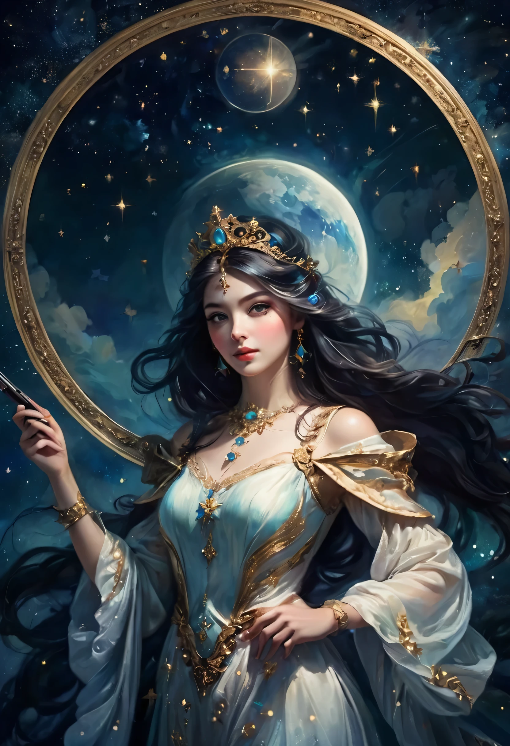 chiaroscuro technique on sensual illustration of an A girl standing under a night sky filled with shooting stars of good fortune. The scene is depicted in the style of an oil painting, with vibrant colors and rich textures. The girl has a dreamy expression and her eyes are beautifully detailed, with long eyelashes. The focus is on the girl's face, which has photorealistic features - detailed eyes, nose, and lips. Her hair flows freely, adding movement to the scene. The overall atmosphere is magical and mysterious, with a touch of whimsy. The background is an abstract portrayal of a female figure, blending seamlessly with the shooting stars. The lighting is ethereal, with a soft glow illuminating the girl and the surrounding stars. The artwork is of the best quality, with high-resolution details and vibrant colors. The medium used is an oil painting technique, creating depth and texture. The overall composition is a masterpiece, capturing the viewer's attention and evoking a sense of wonder.