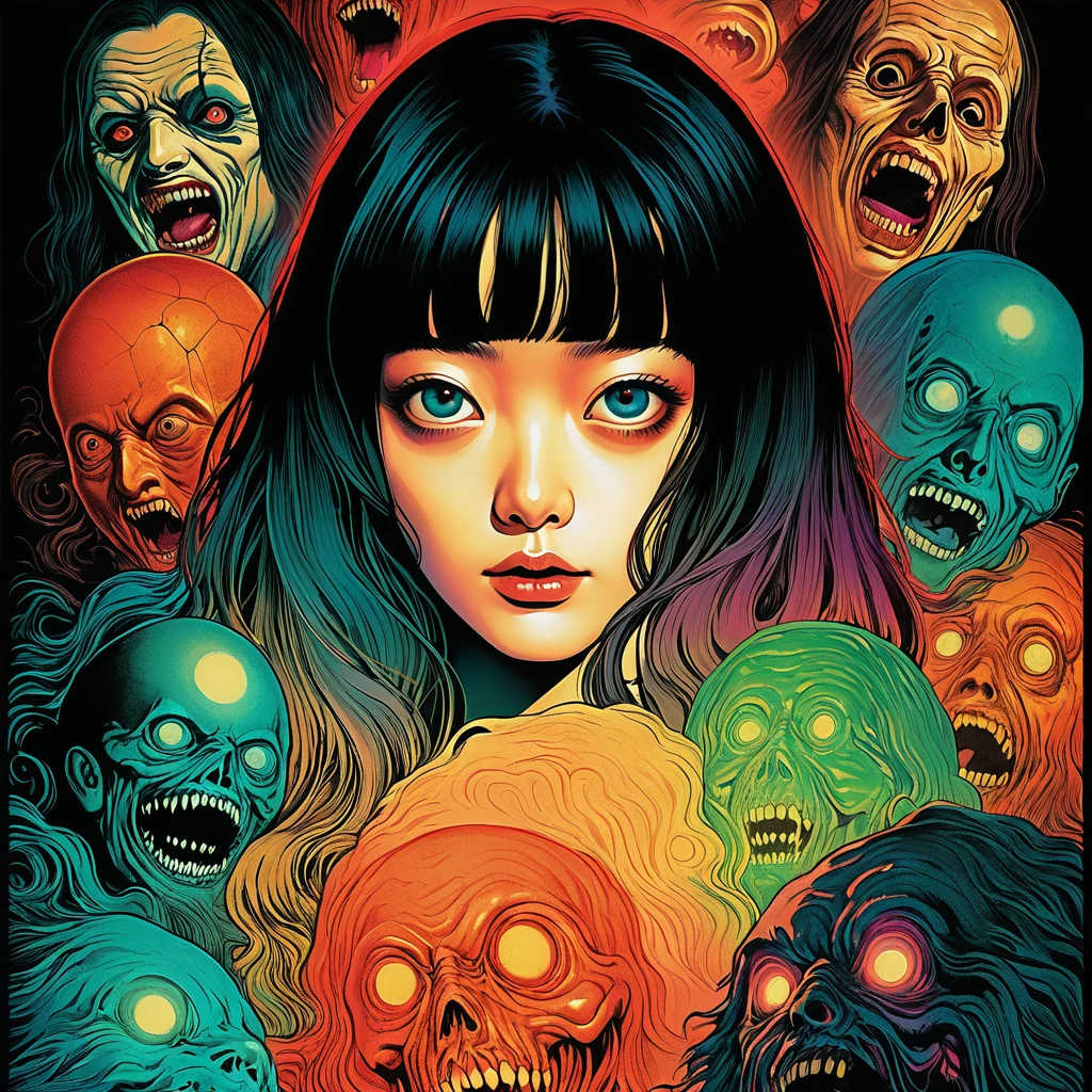 An illustration、art、male 70s horror movie posters, Supervised by Junji Ito、High detail, Realistic Shadows、Analog Style, chromatic aberration, Surrealism、Complementary Gradient