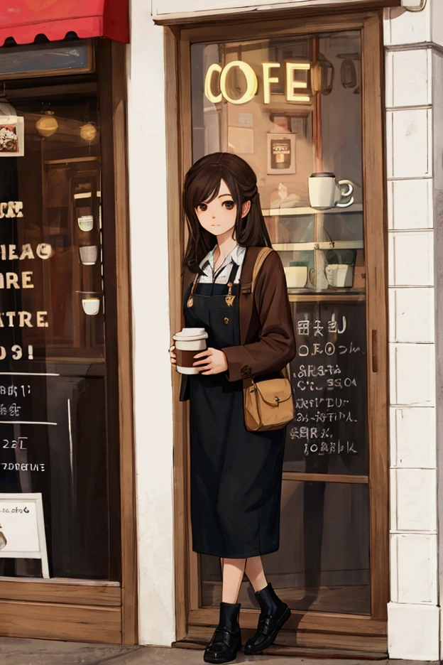 camera outside the coffee shop, showing a girl inside coffee shop, girl behind window