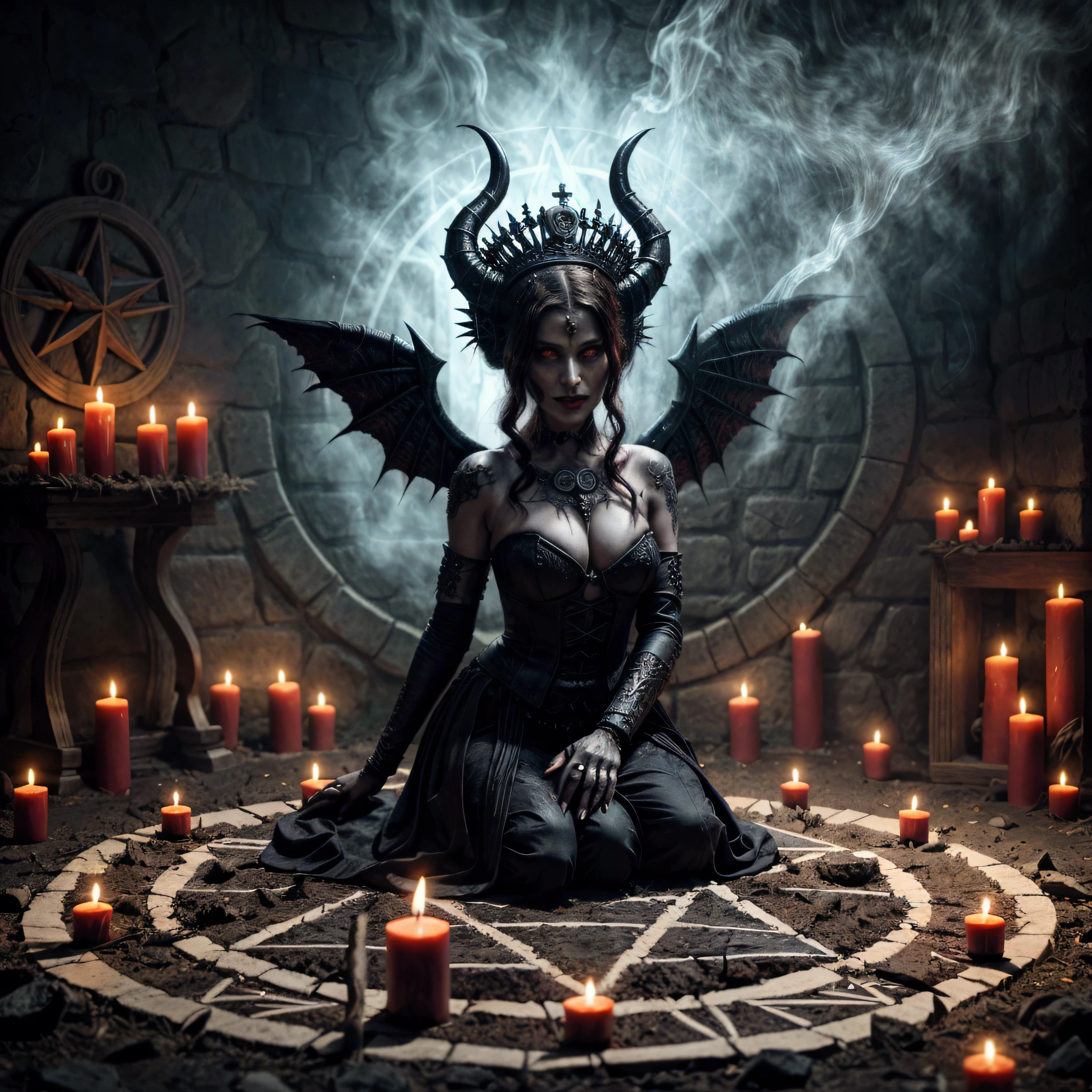 Bruja sentada en un pentagrama rodeada de velas y un devil., hermosa y elegante reina devil, queen of hell, scary horrible satanic rituals, demonic magic ritual, together, beautiful together, Dark goddess with six arms, together | medieval, devil, satanic ritual, queen of the underworld, goddess of the underworld, Greek Dark Ritual Myth, God of Death