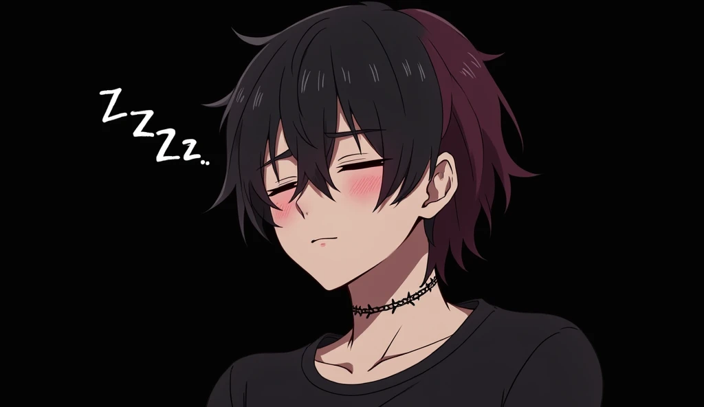 Young anime style man sleeping, light skinned. Medium long hairstyle. Short and straight chameleon. Black hair color on the right side and light burgundy hair color on the left. eyes closed sleeping. with black clothes. Barbed wire tattoo in the center of the neck. Dilations each ear. man face. Black background. With expressions "zzz" generating a sleeping effect. Not blushing.