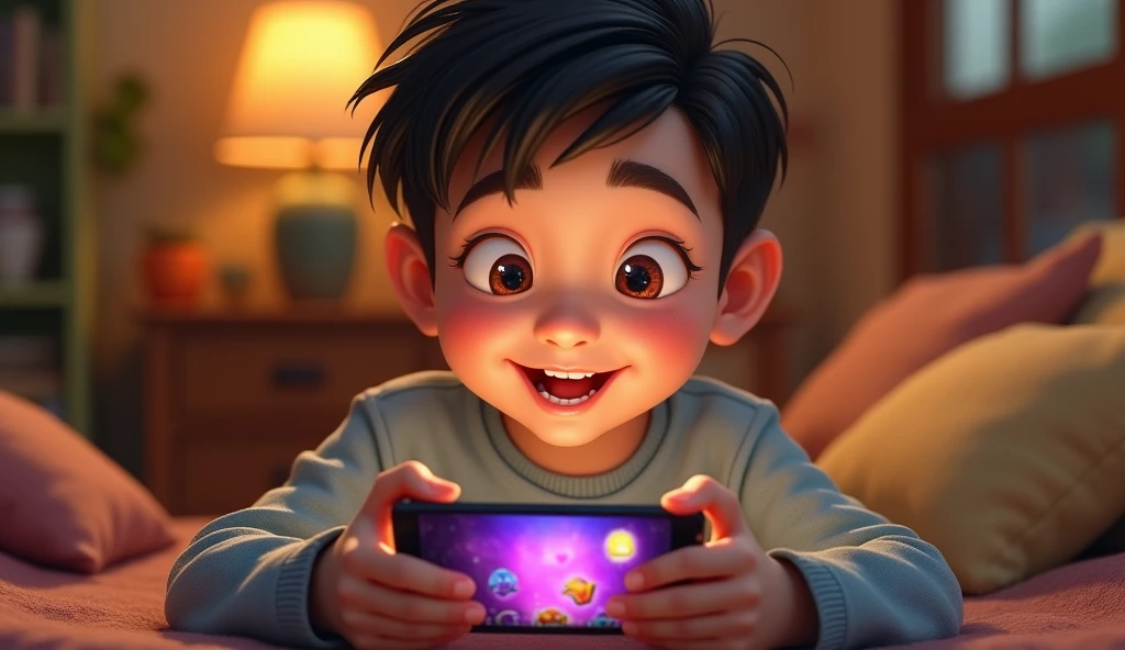 male child, happy playing video game on cell phone
