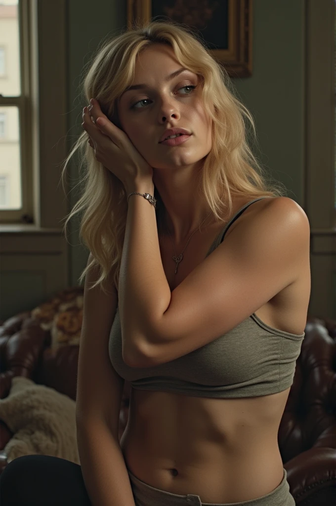Girl with long blonde hair, Detailed eyes, nose, And lips, Completely naked, sitting at her desk in her office, using her computer, hp computer (Highest quality,4K,8k,High resolution,masterpiece:1.2),Very detailed,(Realistic,photoRealistic,photo-Realistic:1.37),High resolution,Studio Lighting,Very detailed顔と体, Portraiture,Cinema Lighting,Dramatic lighting,Warm tones,Dramatic colors