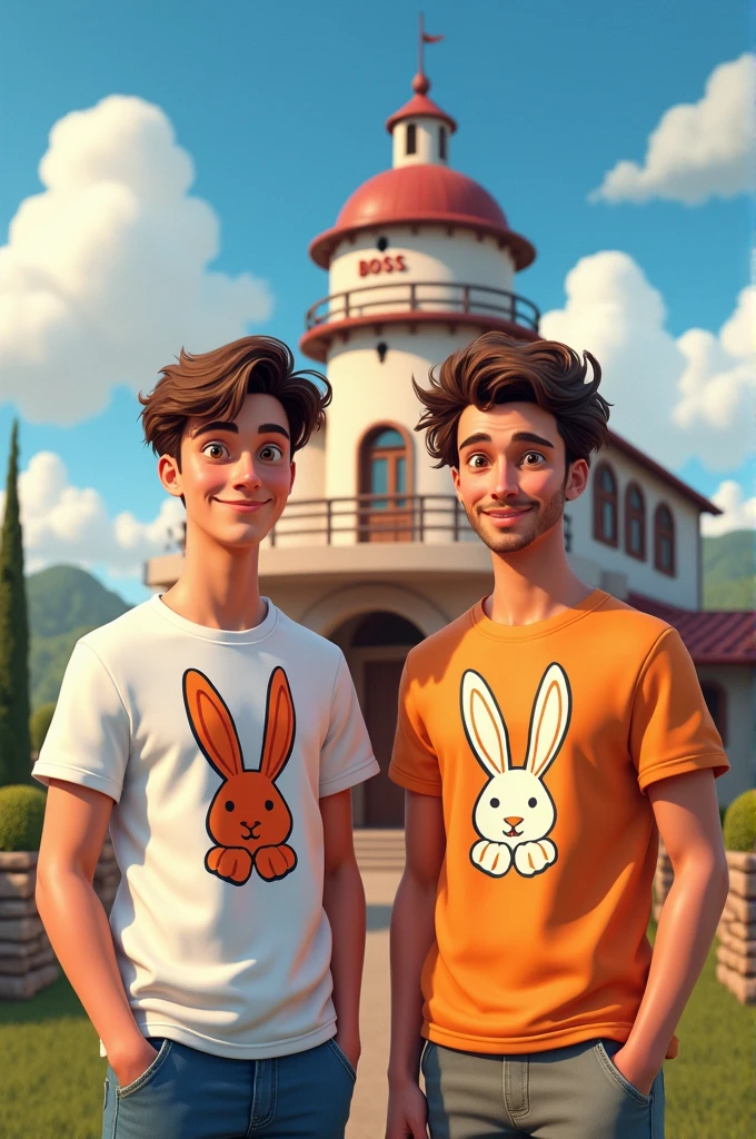 Two young men, one white and the other light brown., with Psycho bunny shirts, behind that comes out a Boss winery, pixar version