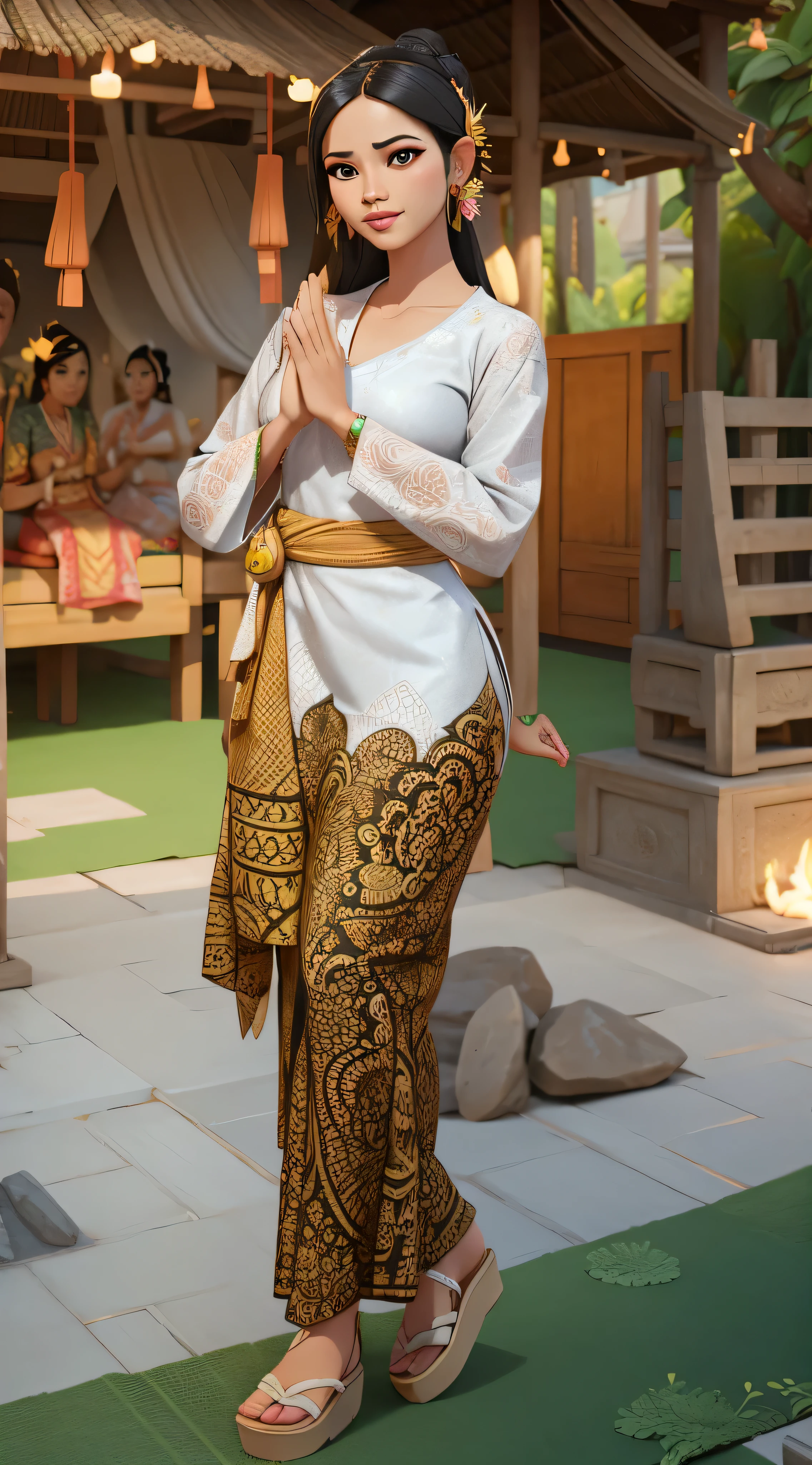 A woman, wearing Balinese traditional clothes, Indonesian traditional clothes, batik, 3d cartoon, detail, render, unreal engine, 