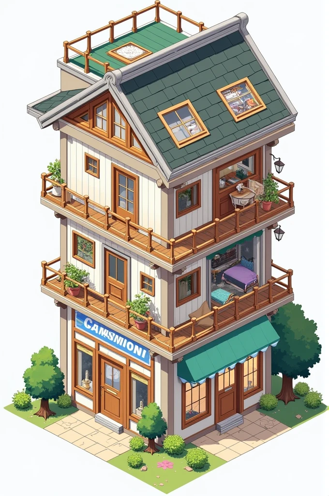 A 3-story house on the first floor there are 2 shops, one where they take photos and another where they do decoration, On the second floor there are 3 bedrooms and a kitchen, On the third floor is the patio and there is the bathroom and a shower., and there is a room
