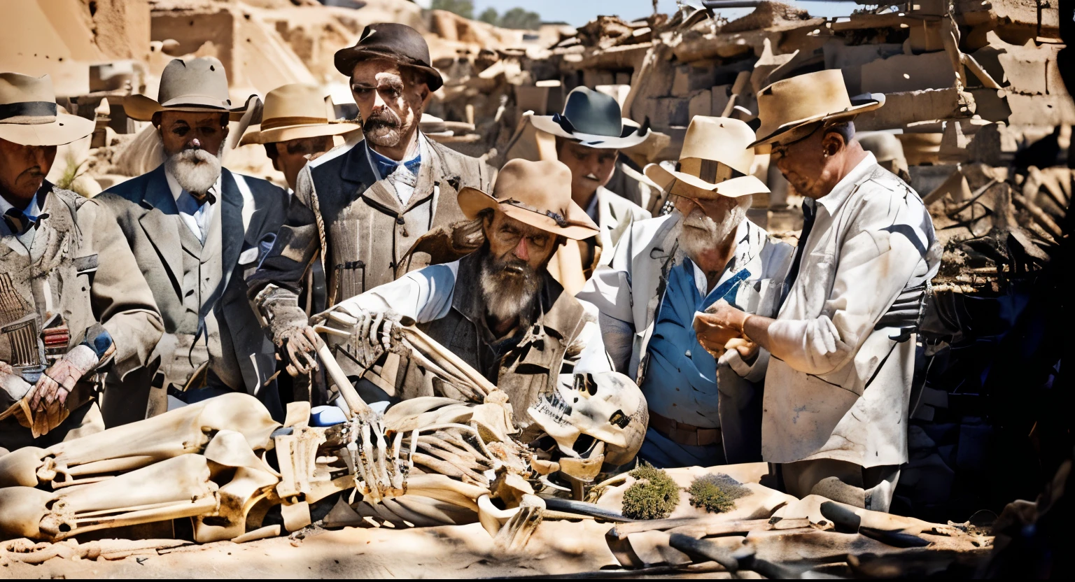 Several men are cutting up a skeleton corpse of a man., archaeological expedition, photograph archeology history of a corpse skeleton man frame, long shot, by Edward Corbett, Award winner, , intense scene, in the place