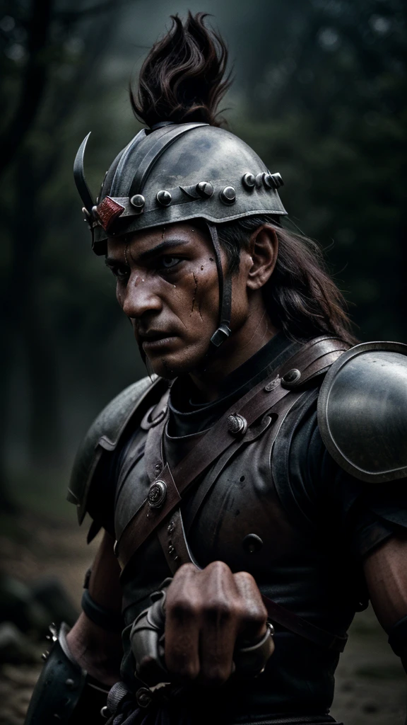 "Create an image of a warrior in a dramatic side profile, wearing a battle-worn helmet reminiscent of those from epic films. The helmet should have intricate details, such as engravings and scars from past battles, symbolizing experience and resilience. The warrior's face is partially shadowed, with only a determined eye visible. The warrior holds a sword in one hand, with the blade catching a subtle glint of light. The background is dark and moody, with hints of mist or smoke, evoking a sense of epic struggle and unwavering resolve. The image should convey a powerful sense of motivation and the warrior's readiness to overcome any obstacle."