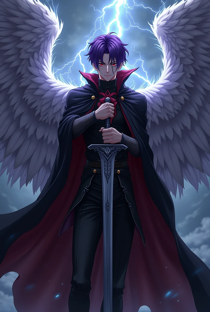 Create an anime character with purple hair, black eyes, a scar on the eye, a scar on the face with lightning coming out of it, angel wings made of energy, a super dark look, an evil face with a sword in his hand, a black cape, black and red clothes, a man