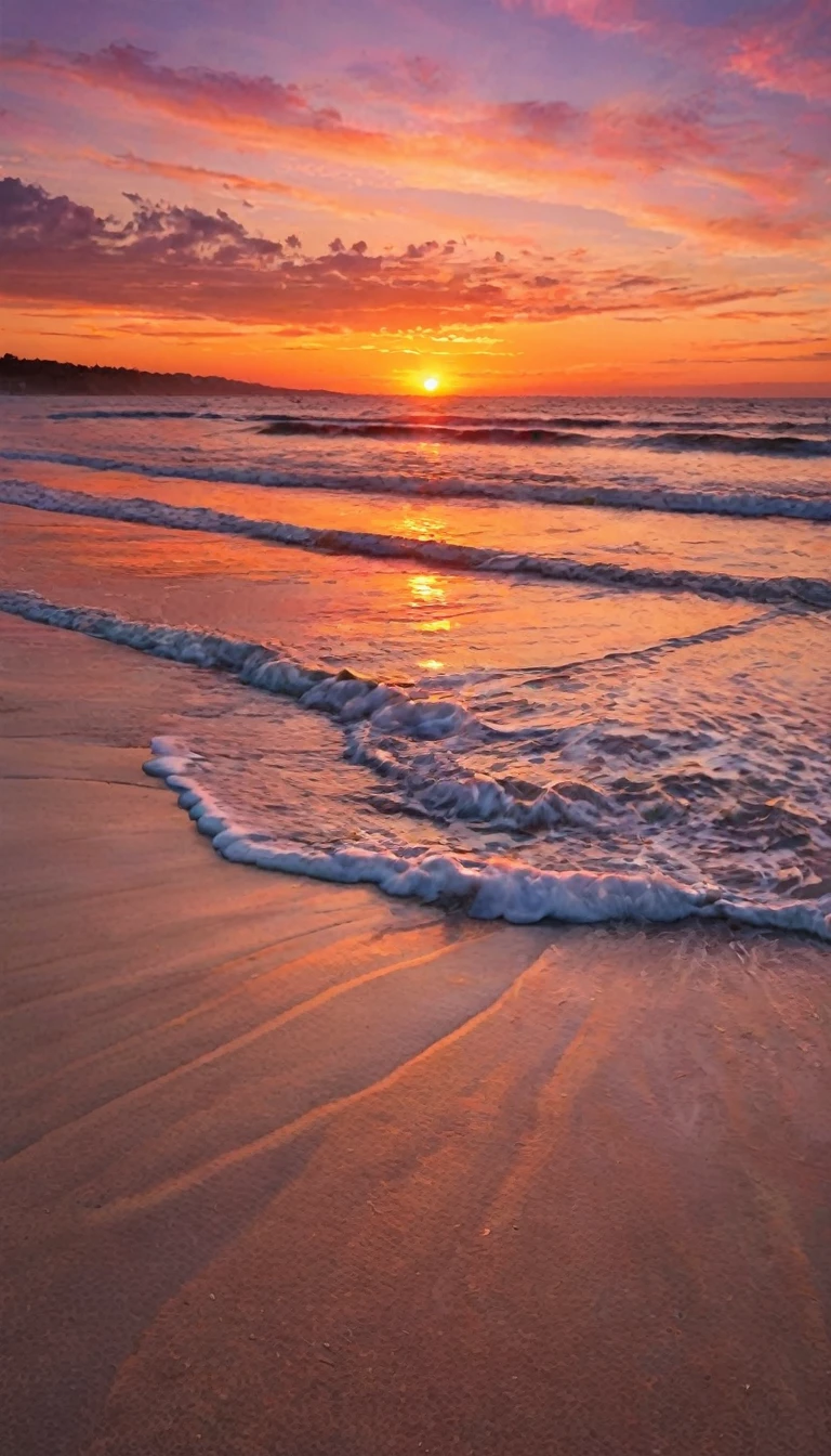 [Core Concept] A breathtaking sunset on a serene beach, with a vibrant and diverse array of colors.

[Character Description] The scene is devoid of any human presence, allowing the natural beauty of the setting to take center stage.

[Environment/Background] The beach is framed by gently lapping waves and a vast, expansive sky that stretches out to the horizon. The sand is soft and inviting, reflecting the kaleidoscope of hues above.

[Style and Atmosphere] The atmosphere is serene and tranquil, with a sense of awe-inspiring grandeur as the sun dips below the horizon, painting the sky in a mesmerizing display of color.

[Composition] The composition is balanced, with the beach and sky occupying equal parts of the frame, creating a harmonious and visually striking scene.

[Details and Embellishments] The sunset is ablaze with a spectrum of colors, from warm oranges and reds to vibrant pinks and purples, creating a truly captivating and breathtaking sight.

[Technical Specifications] The image should be rendered with high-quality, realistic textures and lighting, capturing the natural beauty and drama of the sunset with meticulous attention to detail.