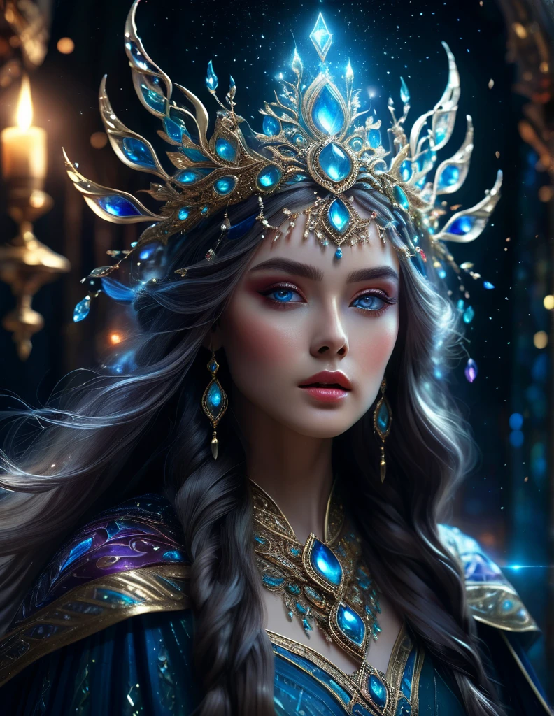 (((OXUM)))mystical female protagonist, intricate fantasy dress, glowing ethereal aura, detailed ornate headpiece, sweeping dramatic cape, enchanting eyes, porcelain skin, flowing hair, serene expression, dark moody lighting, cinematic dramatic atmosphere, vibrant jewel-toned colors, creative whimsical concept art, (best quality,4k,8k,highres,masterpiece:1.2),ultra-detailed,(realistic,photorealistic,photo-realistic:1.37)