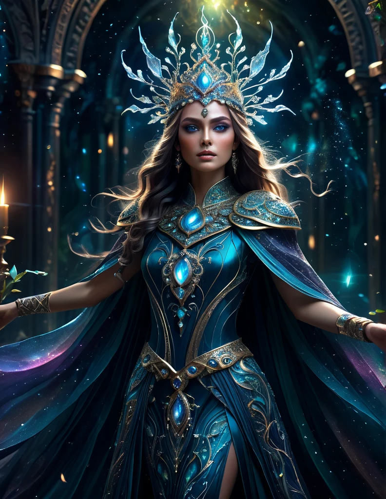 (((OXUM)))mystical female protagonist, intricate fantasy dress, glowing ethereal aura, detailed ornate headpiece, sweeping dramatic cape, enchanting eyes, porcelain skin, flowing hair, serene expression, dark moody lighting, cinematic dramatic atmosphere, vibrant jewel-toned colors, creative whimsical concept art, (best quality,4k,8k,highres,masterpiece:1.2),ultra-detailed,(realistic,photorealistic,photo-realistic:1.37)