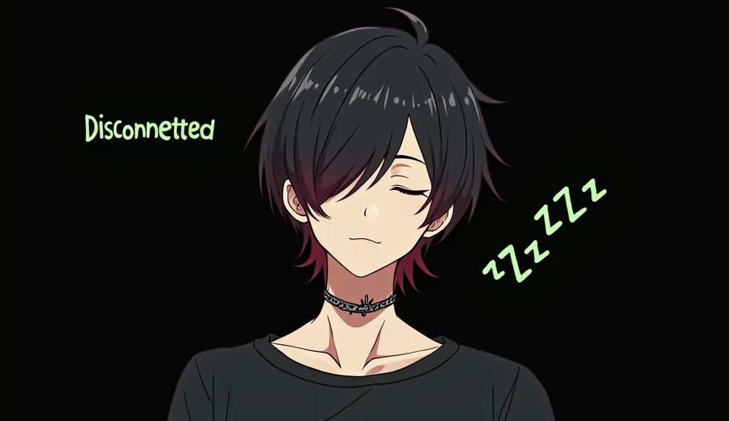 Young anime style man sleeping, light skinned. Medium long hairstyle. Short and straight chameleon. Black hair color on the right side and light burgundy hair color on the left. eyes closed sleeping. with black clothes. Barbed wire tattoo in the center of the neck. Dilations each ear. man face. Black background and words that say "disconnected" Green color. With expressions "zzz" generating a sleeping effect. Not blushing.