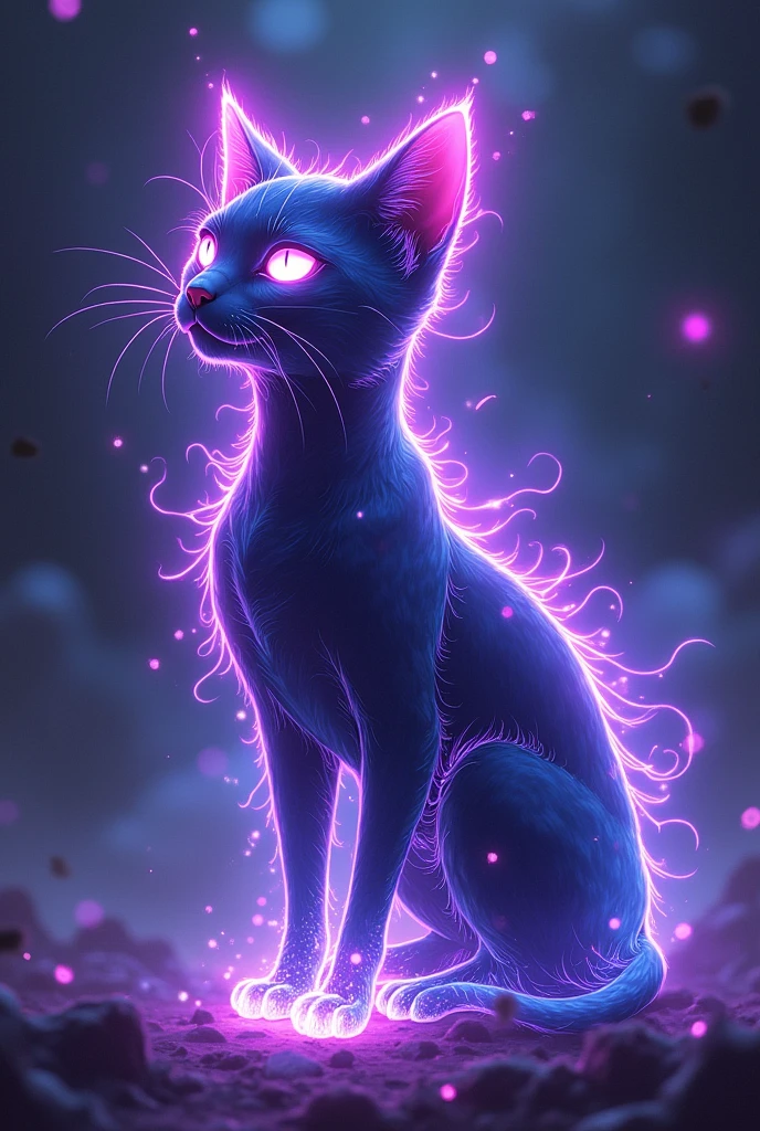 Cat made out of pure energy, bright purple and blue rays instead of fur, evil like and in anime style
