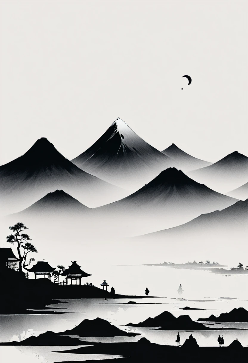 (大量留white:1.5)，white, white色背景, Simple, Minimalism, Abstract,free-hand，beautiful，黑与white，Ink Painting，Ancient，Mountain，People who are far away々