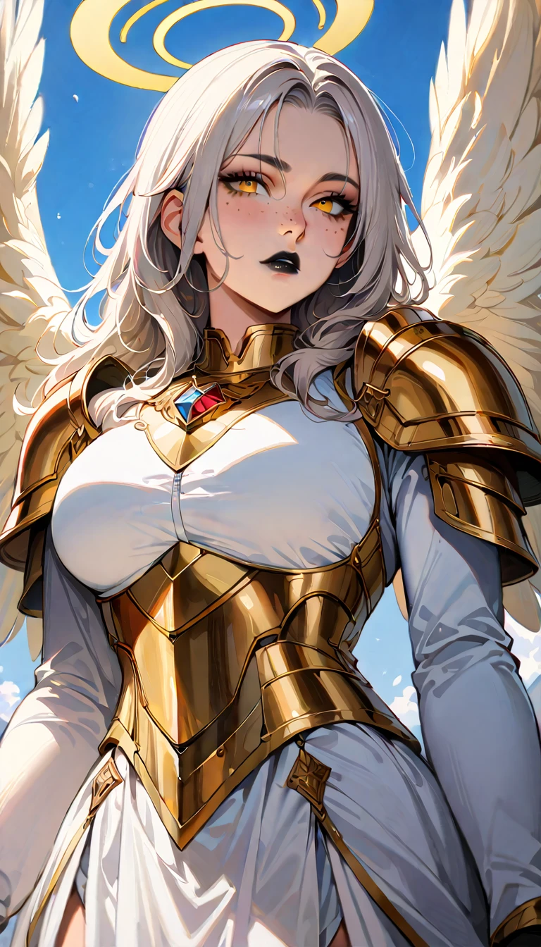(high quality, 8k, 4K, high contrast, artwork:1.2, high quality, best aesthetics), (centered), ((1 woman)), erotic, sensual, mature body, grown woman, super detailed, beautiful face detailed, beautiful eyes detailed, detailed beautiful mouth, (long wavy white hair), (yellow eyes), (black eyeliner), (black eyeshadow), (black lipstick), (freckles), (relaxed expression), (facing the viewer), (penetrating gaze), (the pair of white bunny ears), (yellow angel halo), (long white dress with golden medieval armor parts), (golden shoulder pads), (large white angel wings), (standing), (body posture straight body posture), (woman's front angle), (front view), (on top of a green mountain), (beautiful blue sky)