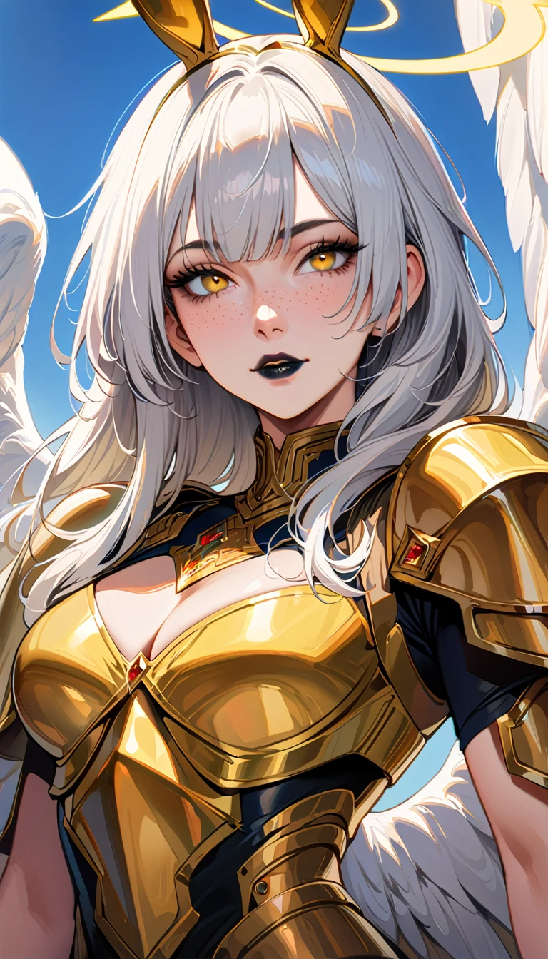 (high quality, 8k, 4K, high contrast, artwork:1.2, high quality, best aesthetics), (centered), ((1 woman)), erotic, sensual, mature body, grown woman, super detailed, beautiful face detailed, beautiful eyes detailed, detailed beautiful mouth, (long wavy white hair), (yellow eyes), (black eyeliner), (black eyeshadow), (black lipstick), (freckles), (relaxed expression), (facing the viewer), (penetrating gaze), (the pair of white bunny ears), (yellow angel halo), (long white dress with golden medieval armor parts), (golden shoulder pads), (large white angel wings), (standing), (body posture straight body posture), (woman's front angle), (front view), (on top of a green mountain), (beautiful blue sky)