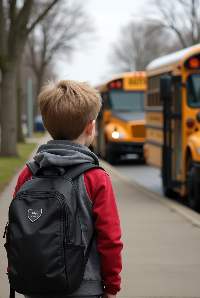 Boy at a bus stop watching students getting on the bus 
