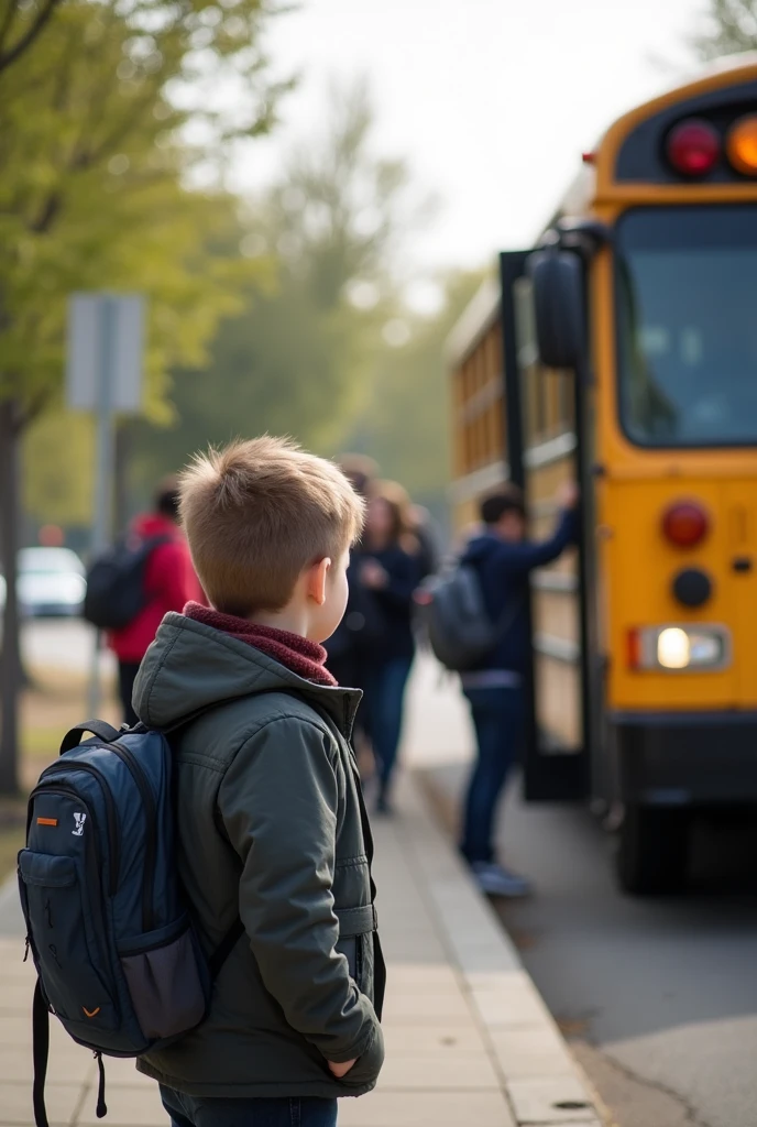 Boy at a bus stop watching students getting on the bus