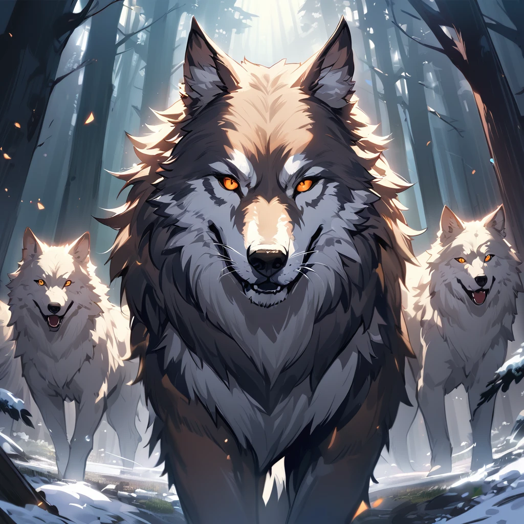 a group of large wolves in a dark forest in the middle of the pack stands a large black female wolf with orange eyes staring at viewer, growling and chasing a group of travelers 