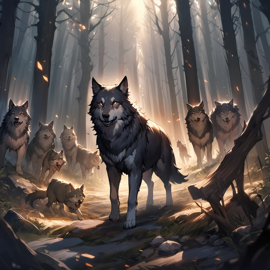 a group of large wolves in a dark forest in the middle of the pack stands a large black female wolf with orange eyes staring at viewer, growling and chasing a group of travelers