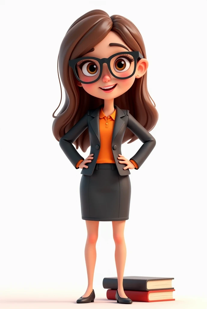 A stylized 3D illustration of a cute short latian girl with a professional and friendly appearance. She has straight, flowing brown hair and wears black-framed glasses. She wears an office outfit consisting of a dark gray jacket and skirt, an orange shirt. The girl stands with a confident posture, with her hands on her waist. Behind her she must have books and with a white background and the image must be from head to toe.