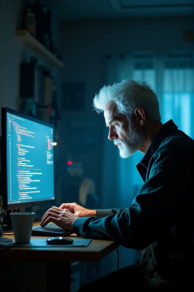White-haired male character sitting in a dark room creating program lines on a computer, The room is dirty and has empty coffee cups 