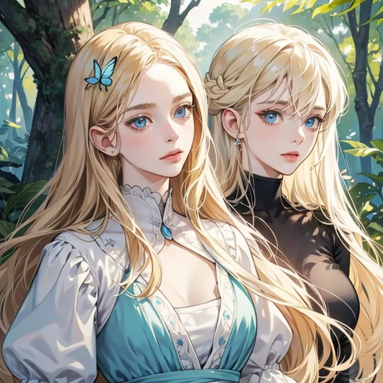 Two women in one photo,Double bust,The first woman has very light blonde hair and very light blue eyes, the other has very light blonde hair and the other has blue eyes., they both have long, flowing hair, pale skin, perfect faces, the first long hair, and the second medium, Beautiful dress not bulky forest escape butterfly element flower element corolla, soft portrait, it's interesting