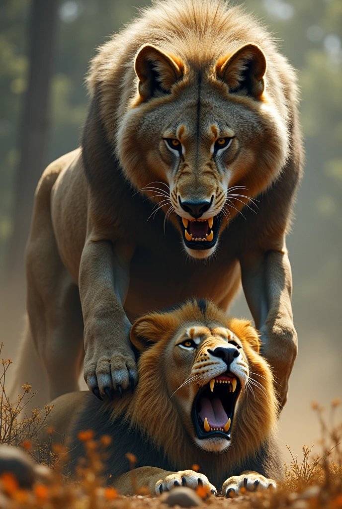 A guara wolf stomping on a lion