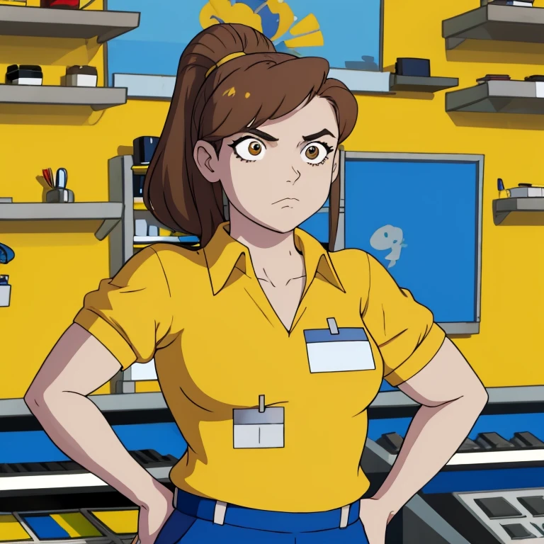 clerkgirl, masterpiece, best quality, 1girl, solo, bog fat body, yellow shirt, blue pants, name tag, hands on hips, brown eyes