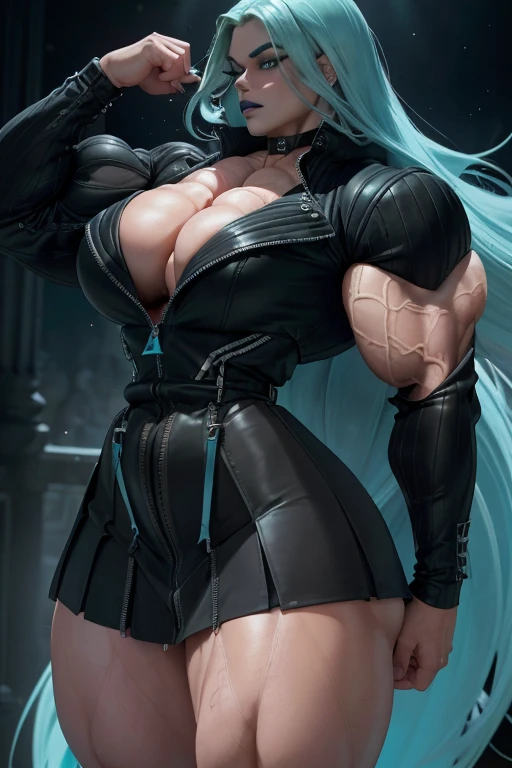 ((Close-up)), tall, (cyan hair) beautiful muscular woman, long beachy hair, pale white skinned, closed smile, (black lipstick), (massive muscles), (hyper muscle), (ginormous bulky muscles), glowing purpl eyes, (((long black zipped jacket))) ((long black pleated skirt)), choker, boots, night in Scotland,
