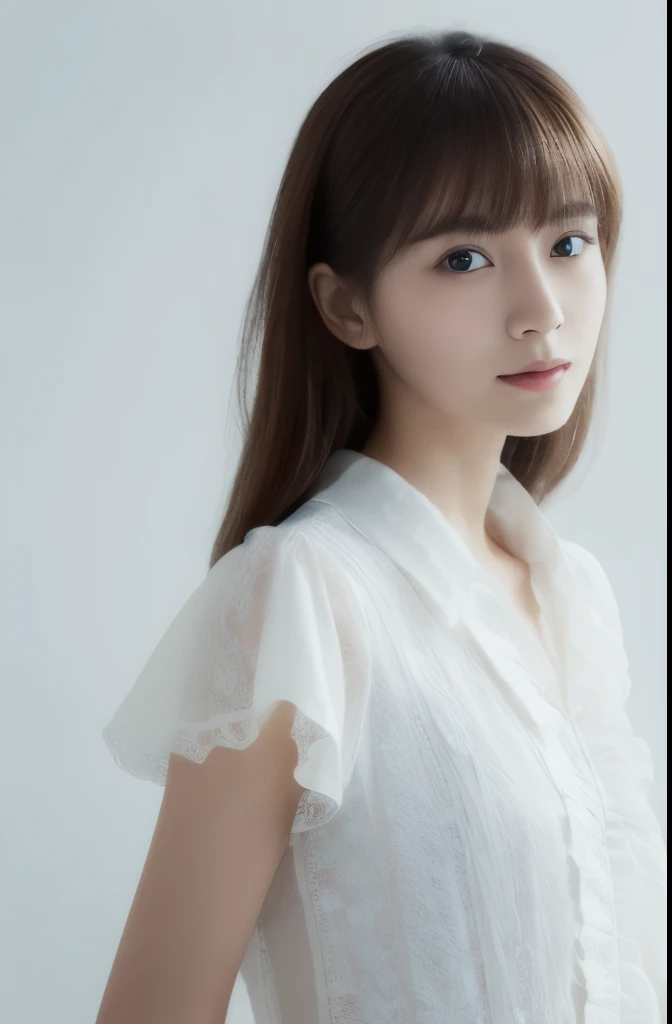 Dressed, (photoRealistic: 1.4), (hyperRealistic: 1.4), (Realistic: 1.3), (Smooth lighting: 1.05), (cinematic lighting Quality improvement: 0.9), 32K, 1 girl, Japanese women, Realistic lighting, Backlight, Face Light, Ray Tracking, (Bright light: 1.2), (Quality improvement: 1.4), ( Top quality Realistic textured skin: 1.4), Fine grain, Detailed face, Quality Eyes, Brown eyes, (tired, Sleepy and satisfied: 0.0), White silk blouse with blue flowers, frills and lace, Thin string ribbon ties, Dark brown hair, Short, cut bangs that fall over the forehead, Adult woman with a faint smile, (White Background)