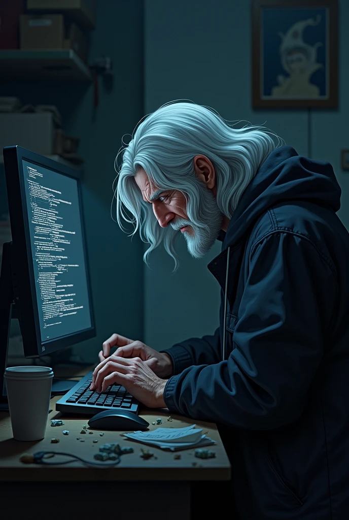 White-haired male character sitting in a dark room creating program lines on a computer, The room is dirty and has empty anime style coffee cups, It must be gloomy and dark 