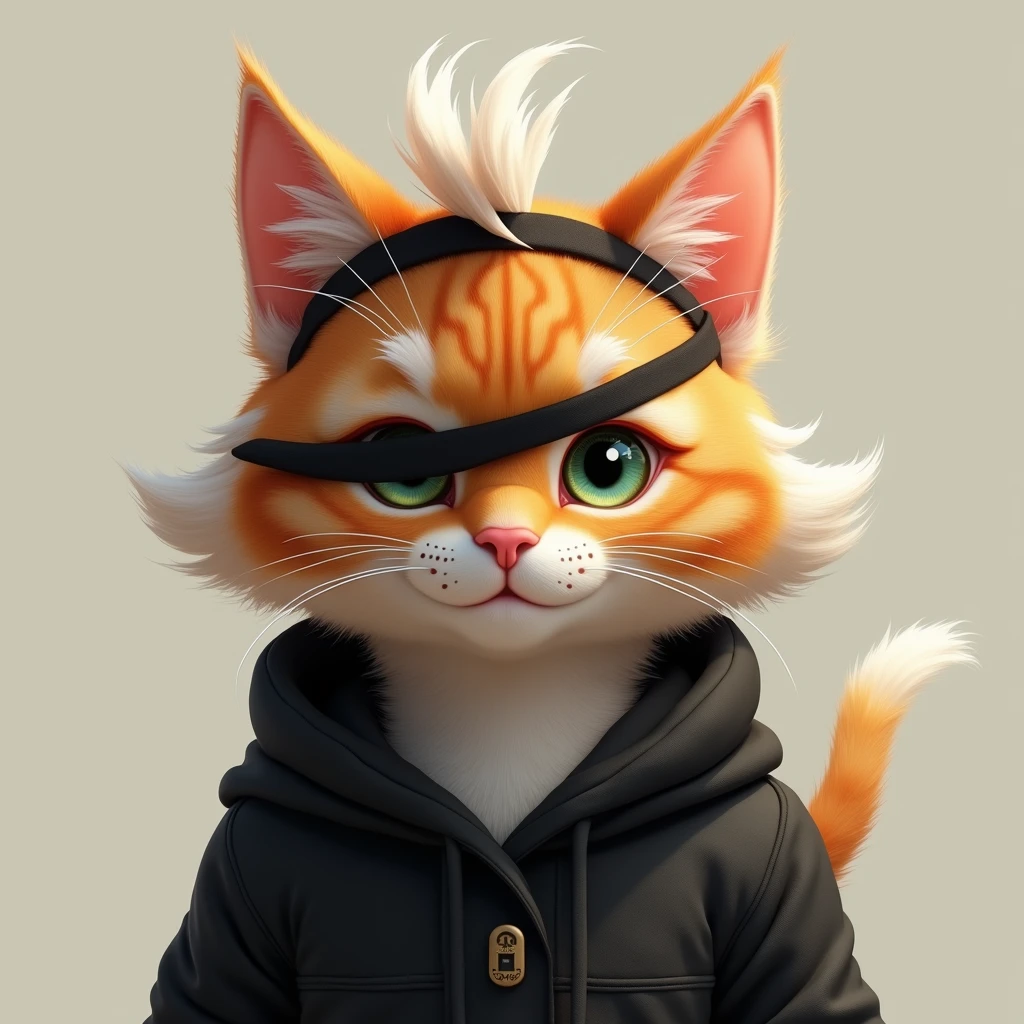 orange male cat, have white hair on top of the head, long hairstyle 4 cm and above, wearing a black cloth headband that covers the eyes, wearing black clothes, smile,