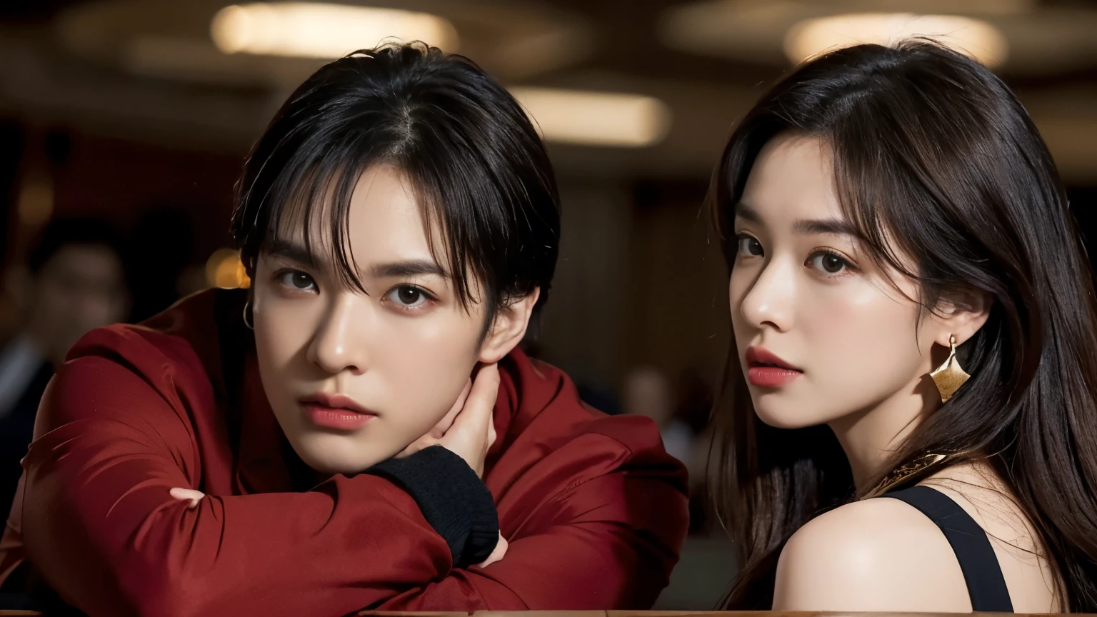 profile , 1 girl and 1 boy is battle at trump, in casino, tramp game is porker, glare at each other, face to face.1 mature female Japanese girl ,(Brown hair, middle hair, fringe, serious, Red dress, gold reckless, earring ) , 1 boy is Chinese cutey boy, 20 age-old, (black hair, morning suit, suit fission ) , ((masterpiece, Highest quality, masterpiece, God-like quality, Godly art, Very realistic))